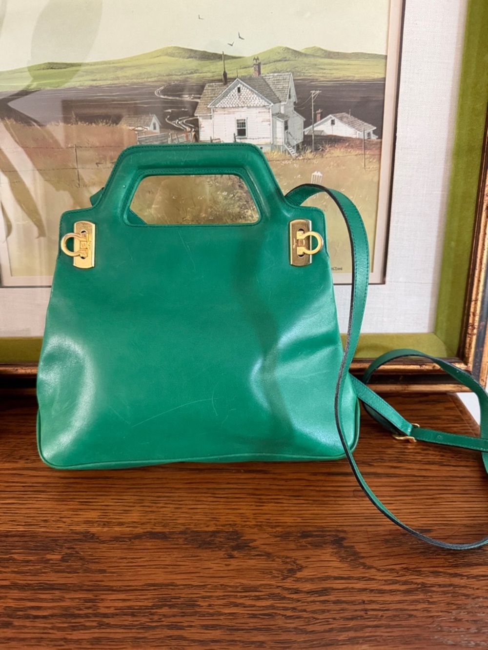 Green Leather Top-Handle Crossbody Bag with Gold Hardware